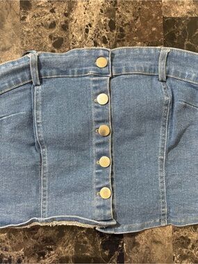Blue Denim Strapless Bustier Top with button detail